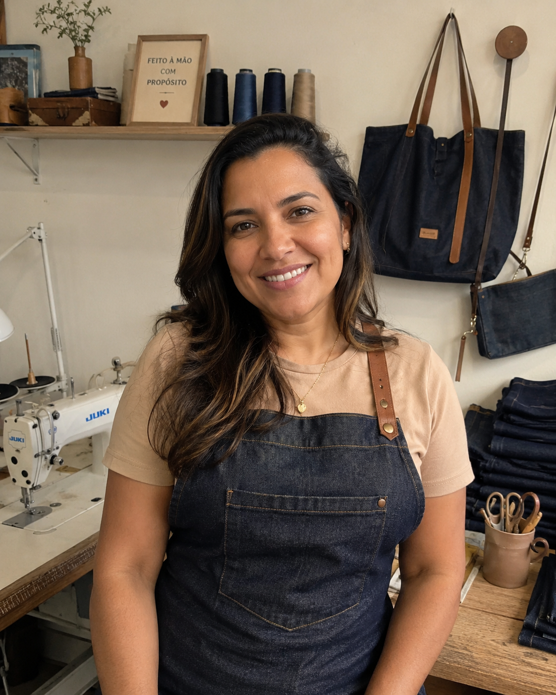 Raquel, idealizadora do Jeans Lucrativo, em seu ateliê de costura